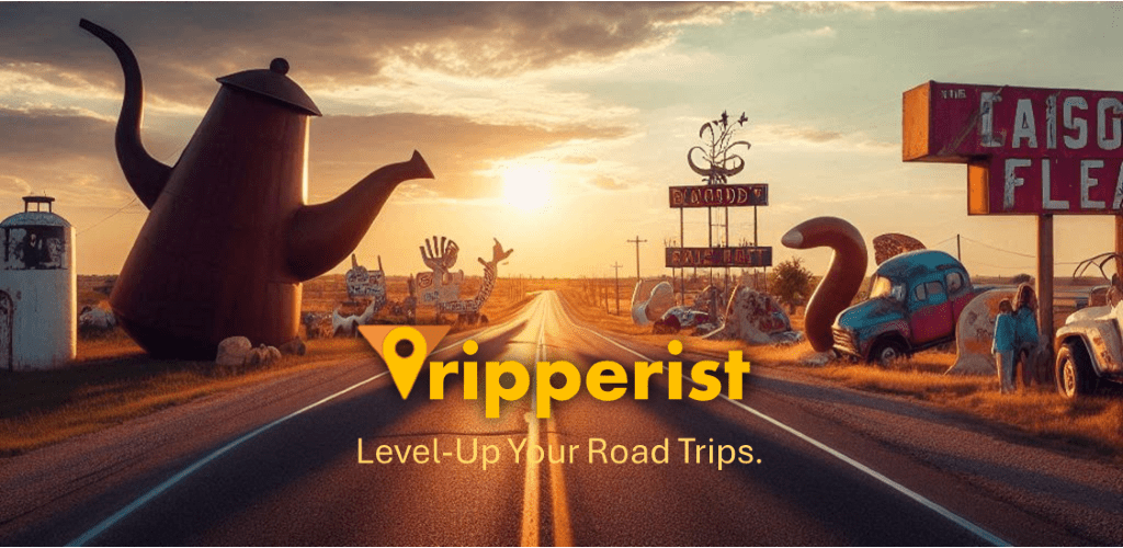 Tripperist logo on a sun-drenched road lined with giant roadside-attraction sculptures