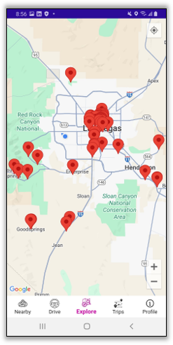 Tripperist map view showing markers around Las Vegas