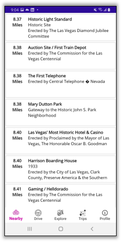 Tripperist Nearby list showing historical markers sorted by distance