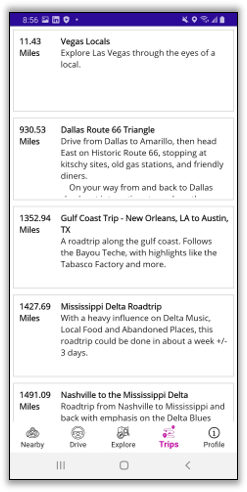 Tripperist Trips tab showing curated road trips